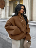 PICSGIRL  -  Thick Women's Autumn Bomber Jacket Woolen Single Breasted Oversized Stand Collar Casual Pocket Coats All-match Chic Outwear