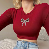 PICSGIRL  -  Diamond Bow Hollow Out Women's Crop Top O Neck Long Sleeves Solid Slim Fit T-Shirts Ladies Sexy Y2k Short Female Clothes