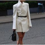 PICSGIRL  -  White Stand Collar Double Pocket Jacket Women Fashion Long Sleeve Cuff Button Blazer Coat 2024 Autumn Elegant Office LadyOutwear