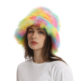 PICSGIRL  -  Autumn Winter Women Keep Warm Rainbow Faux Fox Fur Basin Cap Female Fashion Casual Party Bucket hat Music Festival Thickened Hat