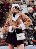 PICSGIRL  -  Winter Women Thick Warm Suede Lamb Jacket Short Motorcycle Brown Coats Faux Shearling Sheepskin Leather Jackets Outwear