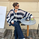 PICSGIRL  -  Striped Knit Sweater Cardigan With Scarf Women Casual V Neck Lantern Sleeve Coat 2024 Autumn Chic Contrast Lady Fashion Knitwear