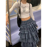 PICSGIRL -  High Waist Contrast Color Plaid Loose Mid-Length Skirt Women 2024 Spring New Streetwear Fashion All Match Pleated Cake Skirt