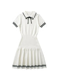 PICSGIRL  -  Preppy Style Casual Knitted Elastic Waist Patchwork A-Line Dress Casual Turn-Down Collar Short Sleeve Slim Student Dresses