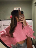 PICSGIRL  -  Fashion O-neck Lantern Long Sleeve Sweater Casual Sweet Pink 3d Bow Women's Loose Pullover 2024 Lady High Street Streetwear