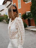 PICSGIRL -  Sexy Lady White Lace See-through Long Sleeves Shirt Casual Elegant Women Round Collar Single Breasted Blouse Spring Street Top