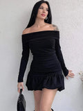 PICSGIRL  -  Off Shoulder Slim Ruffle Dress Female Bodycon Long Sleeve High Waist Pleated Mini Dresses Elegant Evening Sheath Dress