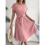 PICSGIRL  -  Summer Women Short Sleeve Floral Print Lace-up Dress Fashion Elegant Knee-length Dresses New Round Neck Folds Vestidos