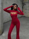 PICSGIRL  -  Cut Out Shawl Top Tank Jumpsuit Women Crew Long Sleeve Slim Casual One-piece Flare Pants Leisure Suit Hottie Streetwear