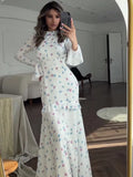 PICSGIRL  -  Ruffle Printed Long Sleeve Long Dress Women's Elegant Contrast Color Slim Fit Lace Waist Casual Summer Fashion Long Dress