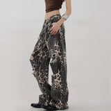 PICSGIRL  -  2024 New Colorblock  Leopard Hollow Out Denim Pants Women High Waist Spliced Pocket Wide Leg Jeans Female Leisure Fashion Y2k