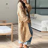 PICSGIRL  -  2024 Casual Solid Color Pocket Coat Ladies Elegant V Neck Hollow Knitted Cardigan Autumn Winter Thick Warm Loose Sweater Outwear