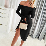 PICSGIRL  -  2024 One Shoulder Bodycon Club Dress Women Elegant Solid Slit Drawstring Midi Dress Female Office Skinny Party Dress