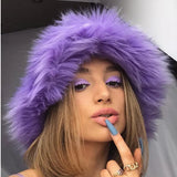 PICSGIRL  -  Bucket Hat Purple Winter New Candy Color Faux Fur Y2k Warm Plush Basin Hat Unisex Bucket Hat Hat Hats for Women