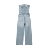 Picsgirl -  Women Off The Shoulder TRFStrapless Smocked Elastic Jean Button Pocket Denim Jumpsuit