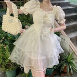 PICSGIRL -  French Bubble Sleeves Princess Skirt Sweet Girl Fluffy Skirt Slimming Dress Bow