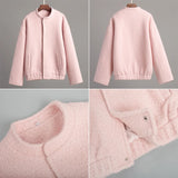 PICSGIRL  -  Women's Pink Short Fur Jacket Autumn Loose Fashion Long Sleeve Jacket Top Casual Stand Collar Pocket Button Warm Jacket