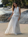 PICSGIRL  -  Fashion Pleated Long Skirts Set Women Sexy Sleeveless Backless Halter Tops High Waist Mermaid Skirt Vacation Beach 2 Pieces Sets