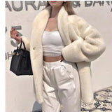 PICSGIRL  -  Winter Warm Plush Faux Fur Coat Women Thick Middle Long Overcoat Turn Down Collar Women Female Loose Faux Rabbit Fluffy Jacket