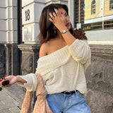 PICSGIRL  -  One Shoulder Knitted Sweater Women's Sexy Slim Long Sleeve Solid Pullover Top Loose Casual Chic Autumn Street Sweater