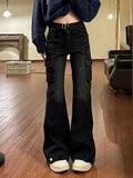 PICSGIRL  -  High Street Lady Black Flare Jeans Slim Bell Bottoms Gyaru Fashion Denim Trousers Multiple Pockets 2000s American Retro