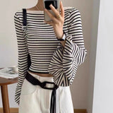 PICSGIRL  -  Women Classic Chic Striped Flare Sleeve Knit Top Frenchy Style Off Shoulder Oufit Fall Winter Knitwear