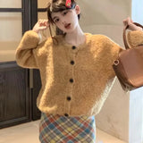 PICSGIRL  -  Solid Yellow Knit Sweater Cardigan Women Autumn Soft Sweet Slouchy Long Sleeve Round Neck Cute Schoolgirl Daily Loose Outerwear