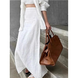 PICSGIRL  -  Casual Vacation Solid Color White Women Summer Skirt 2024 New High Waist Slit Elegant Fashion Female Long Skirts Cotton Blend