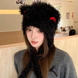 PICSGIRL  -  Winter Fur Hat Cat Women Ears Bow Knitted Beanies with Strap Outdoor Windproof Warm Thickened Bonnet Fashion Ear Protection Caps