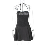 PICSGIRL  -  Women's Sexy Sling Dress Fashion Backless Halter Mini Dress A-line Folds High Waist Lace Up Summer New Vacation Dress