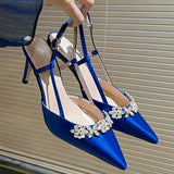 PICSGIRL  -  Luxury Satin Rhinestone Flower Design High Heels Women Sexy Pointed Toe Heeled Sandals Back Strap Blue Pumps Party Wedding Shoes