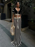 PICSGIRL  -  Bohemia Striped Knit Skirts Sets Women Sexy Hollow Out Holidays Party Outfits Summer Elegant Maxi Skirts Two Piece Sets 2024