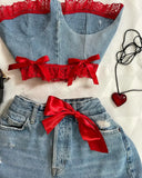 PICSGIRL  -  Y2K Sexy Mini Skirt Denim Tie Cross Bow Bandage Cape+denim Two-piece Zipper Strapless Tube Top Streetwear Set