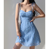 PICSGIRL  -  French Retro Lace-up Floral Suspender Dress Women Slim Fit A-line Skirt Vacation Style Short Dress