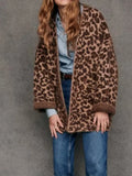 PICSGIRL  -  Fashion Mohair Leopard Printed Warm Coat Women Chic V-neck Pocket Oversized Jacket 2024 Autumn New Lady Casual High Streetwear