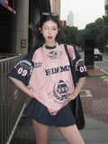 PICSGIRL  -  Satin Pink Sport T Shirts Women Letter Print Patchwork Short Sleeve Tops American Retro Summer Basketball Loose Clothes
