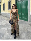 PICSGIRL  -  Vintage Leopard Print Ladies Summer Streetwear Slim Slit Dress Chic Lady Fashion Ruffles High Waist Sexy Sling Long Dresses