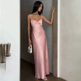 PICSGIRL  - Pink Satin Sling Prom Maxi Dress Women Sexy Chic Backless Sleeveless Slim Robe 2024 Fashion Evening Party Suspender Long Dresses