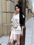 PICSGIRL  -  Summer Sexy Harajuku Off The Shoulder Mid-length T Shirts American Subcultural Print Slim Dresses Y2k Spliced Lace Up Girl Dress