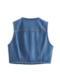 PICSGIRL  -  Spring Summer Female High Waist Solid Vest Outwear Women Single Breasted O-Neck Sleeveless Casual Blue Denim Tops