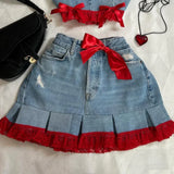 PICSGIRL  -  Y2K Sexy Mini Skirt Denim Tie Cross Bow Bandage Cape+denim Two-piece Zipper Strapless Tube Top Streetwear Set