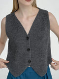 PICSGIRL  -  Basic Knitwear Sweater Vest Grey Sleeveless Button Up V-neck Jumpers Office Ladies England Style Autumn Winter Tops Chic