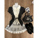 PICSGIRL  -  Ballet Style Sweet Witch Black Waist Slimming Lolita Shirt Grey Splicing Lace Plaid Short Skirt Set Two Piece Set Women Outfits