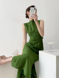 PICSGIRL  -   vintage natural literature art dress chinese style daily improved leisure qipao sexy sleeveless waist cinching slit qipao