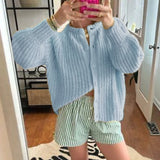 PICSGIRL  -  Women Chunky Knit Cardigan Y2k Long Latern Sleeve Crew Neck Button Up Open Front Cable Knitted Crop Sweater Jackets