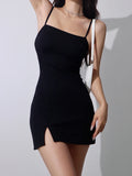 PICSGIRL  -  Women Sexy Slit Suspender Dress Backless Solid Color Slim Fit Mini Dress Summer Hot Girl Short Skirt