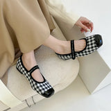 Picsgirl  -  Brand New Women Flats Square Toe Retro Single Shoes Buckle Checkerboard Mary Jane Shoes Soft Ballerina Flats Mujer