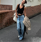 PICSGIRL  -  Retro Patchwork Knit Baggy Jeans Women Whiskers Straight Drawstring High Rise Wide Leg Denim Pants Grunge Streetwear