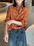 PICSGIRL  -  Orange Women Shirts Autumn Plaid Chic Loose Full Sleeve New Daily Vintage 2024 Office Lady Fashion Casual Coats