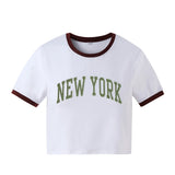 PICSGIRL  -  New York Letter Print Tee Women Contrast Patchwork Crew Short Sleeve Slim Versatile T-shirt Hottie Fashion Top Streetwear